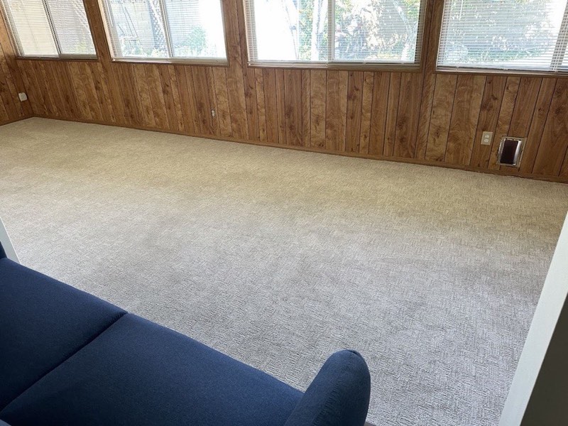 A large light carpet in a room with wood-paneled walls