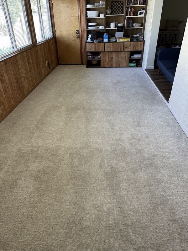 A long light carpet in a room